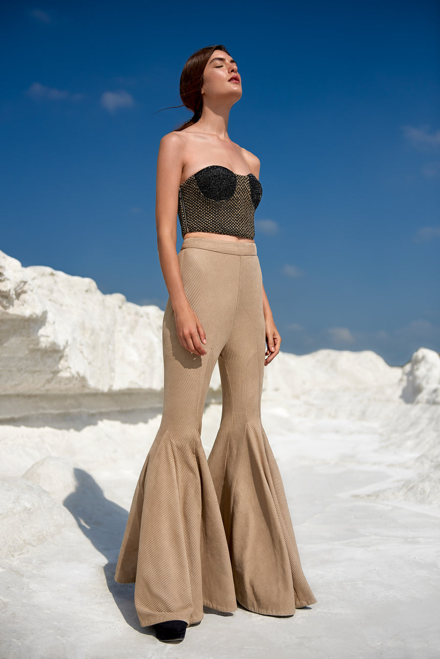 BEIGE PLEATED SUEDE FLARED PANTS