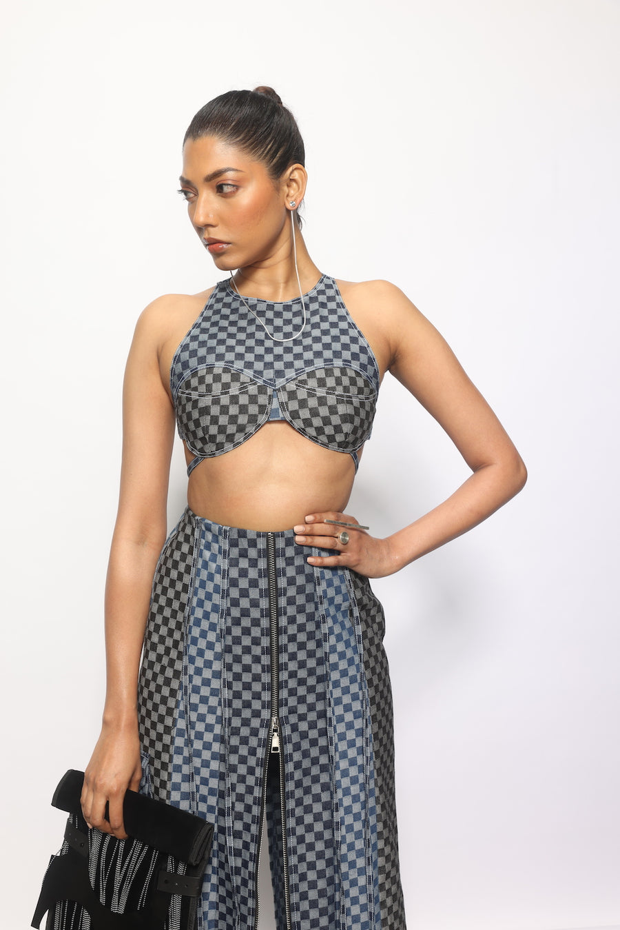 Checkered slit denim panelled skirt