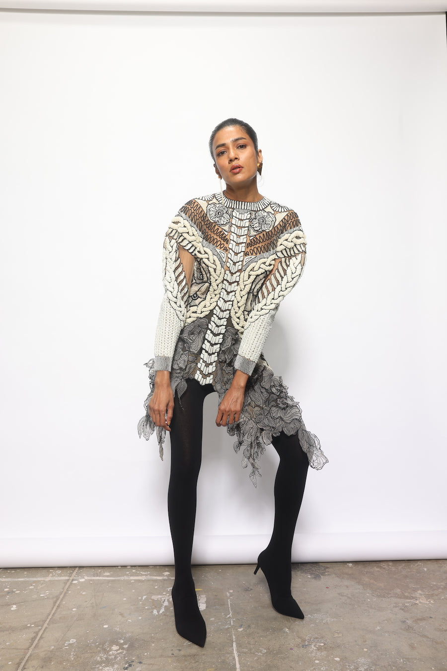 Monochrome 3D knit hand embellished dress