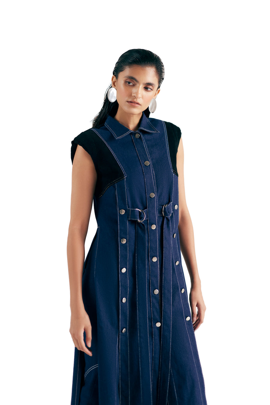 DENIM PANELLED SLEEVELESS TRENCH