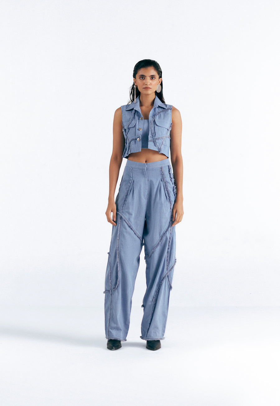 DENIM THREE PIECE FRAY ENSEMBLE