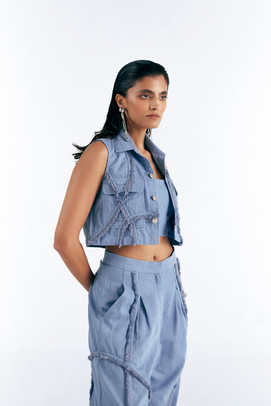 DENIM THREE PIECE FRAY ENSEMBLE