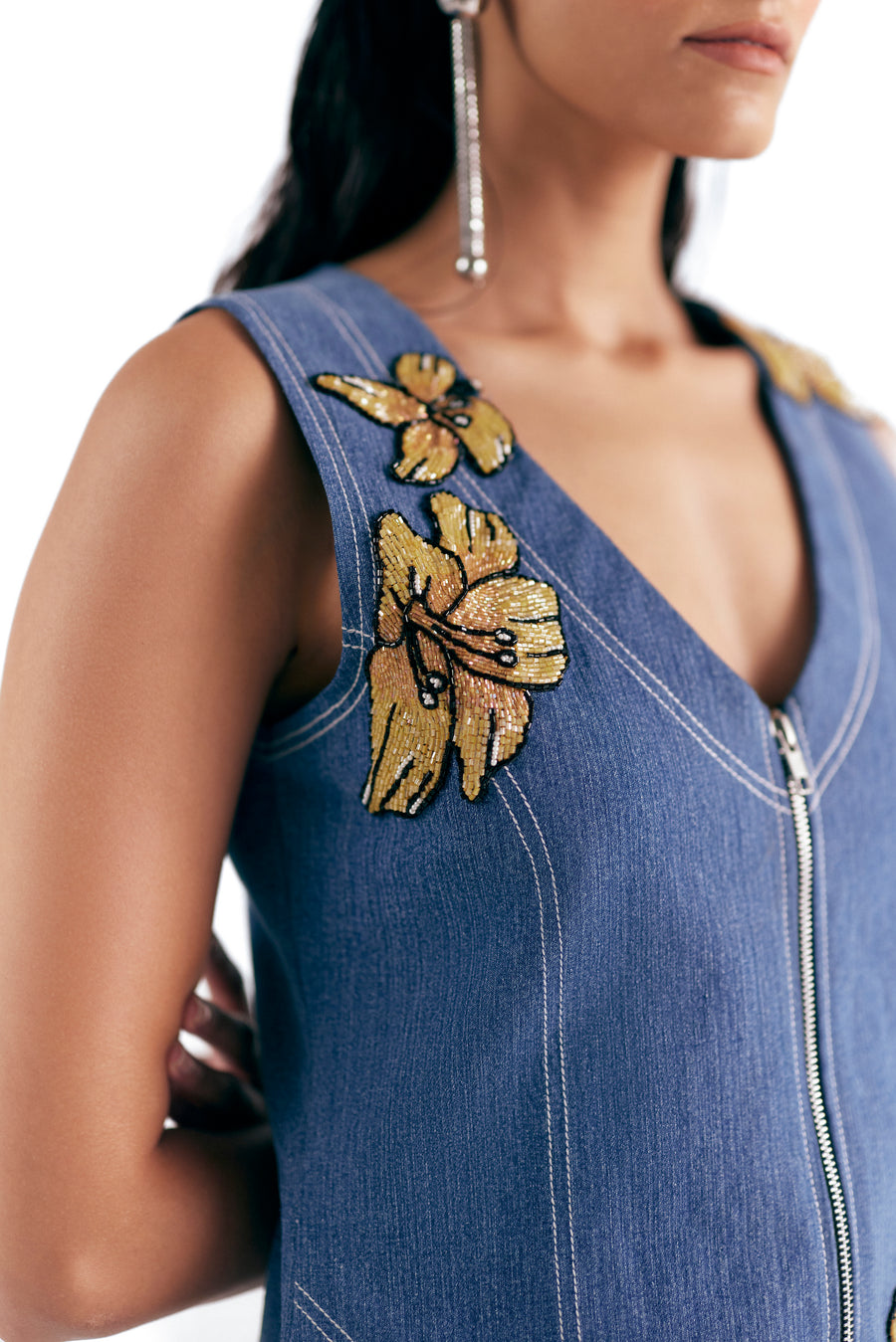 DENIM DRESS WITH FLORAL HAND EMBROIDERY