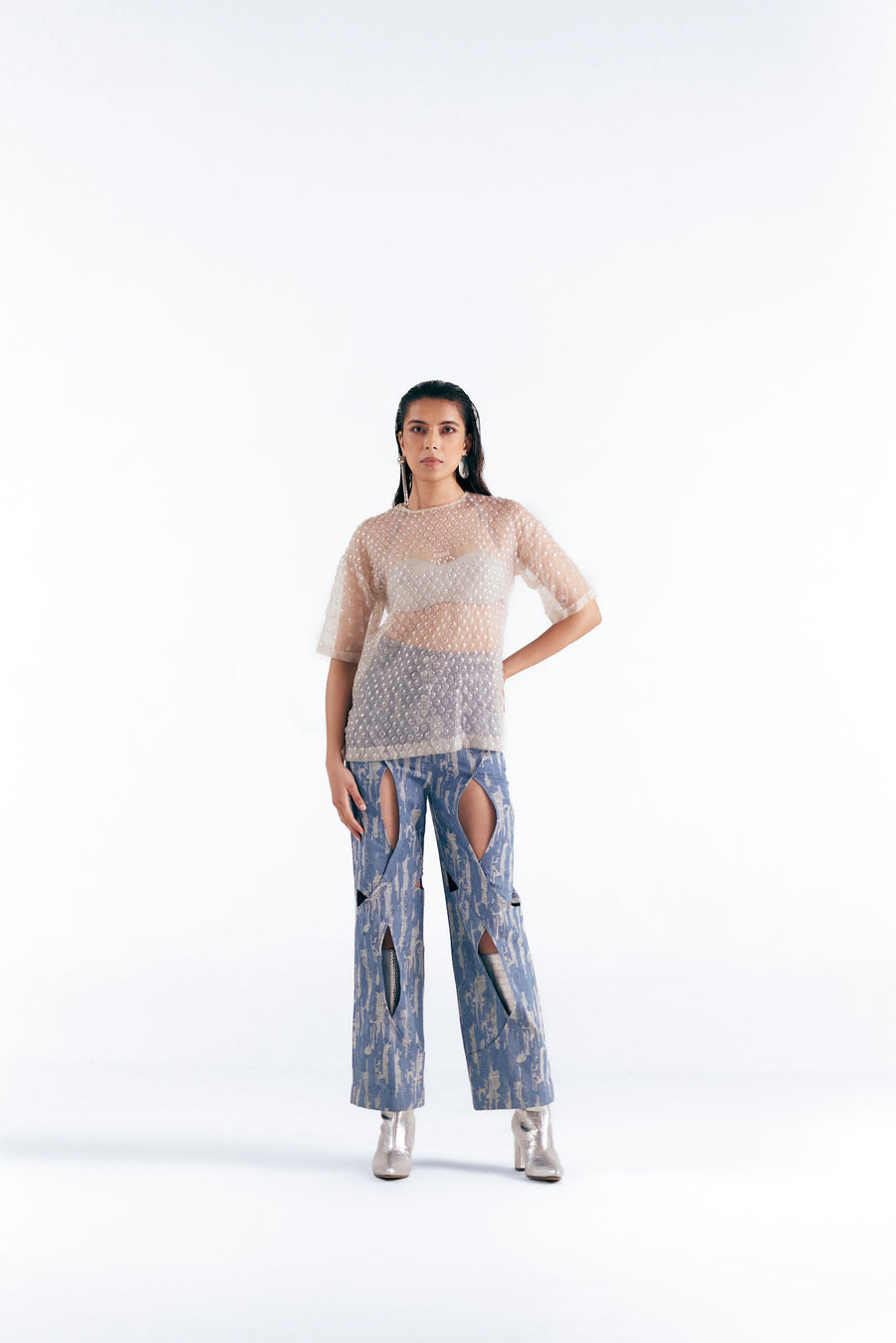 DENIM FRAY CUT OUT PANTS