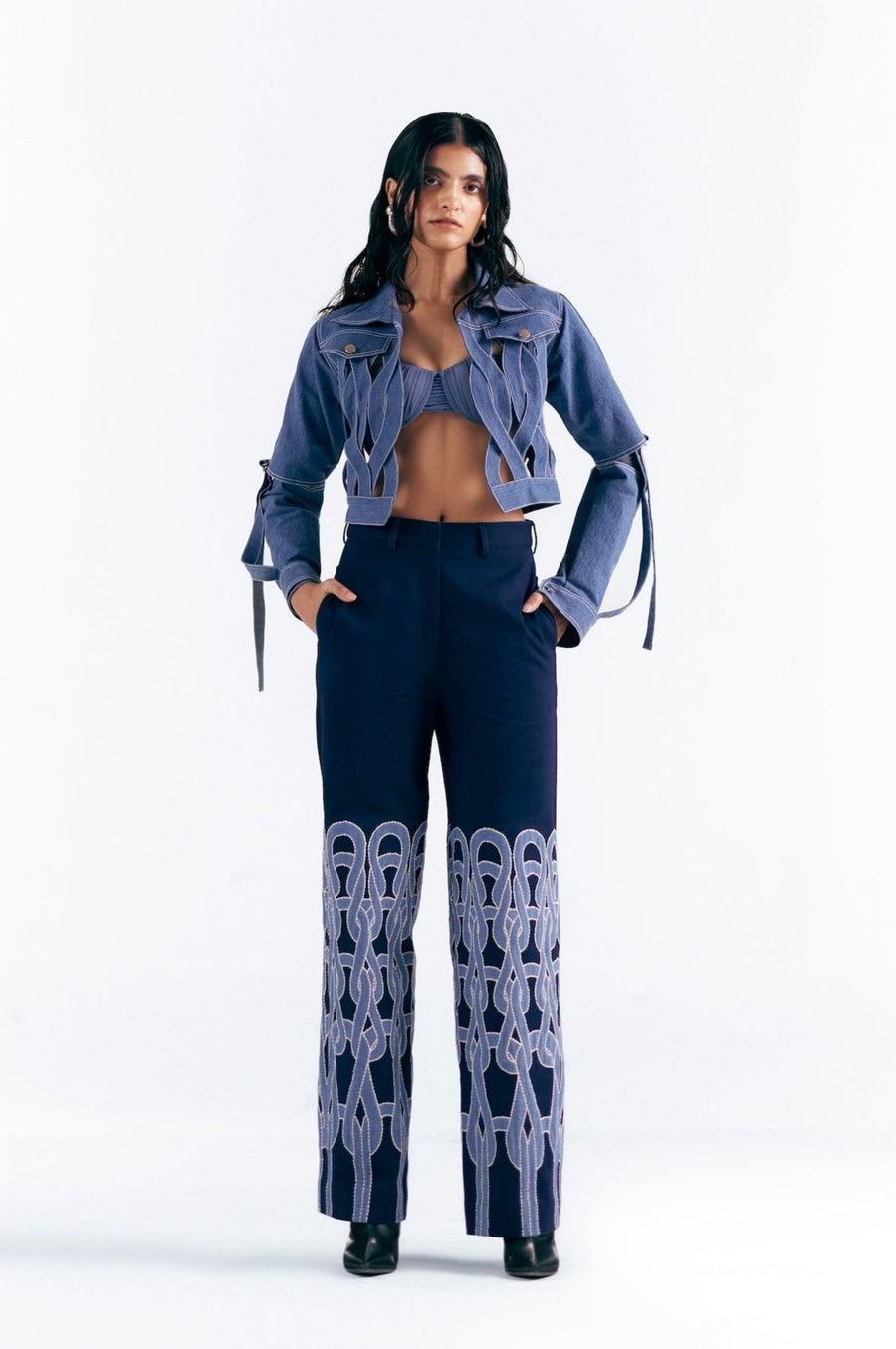 DENIM KNIT LOOP APPLIQUÉ TROUSERS