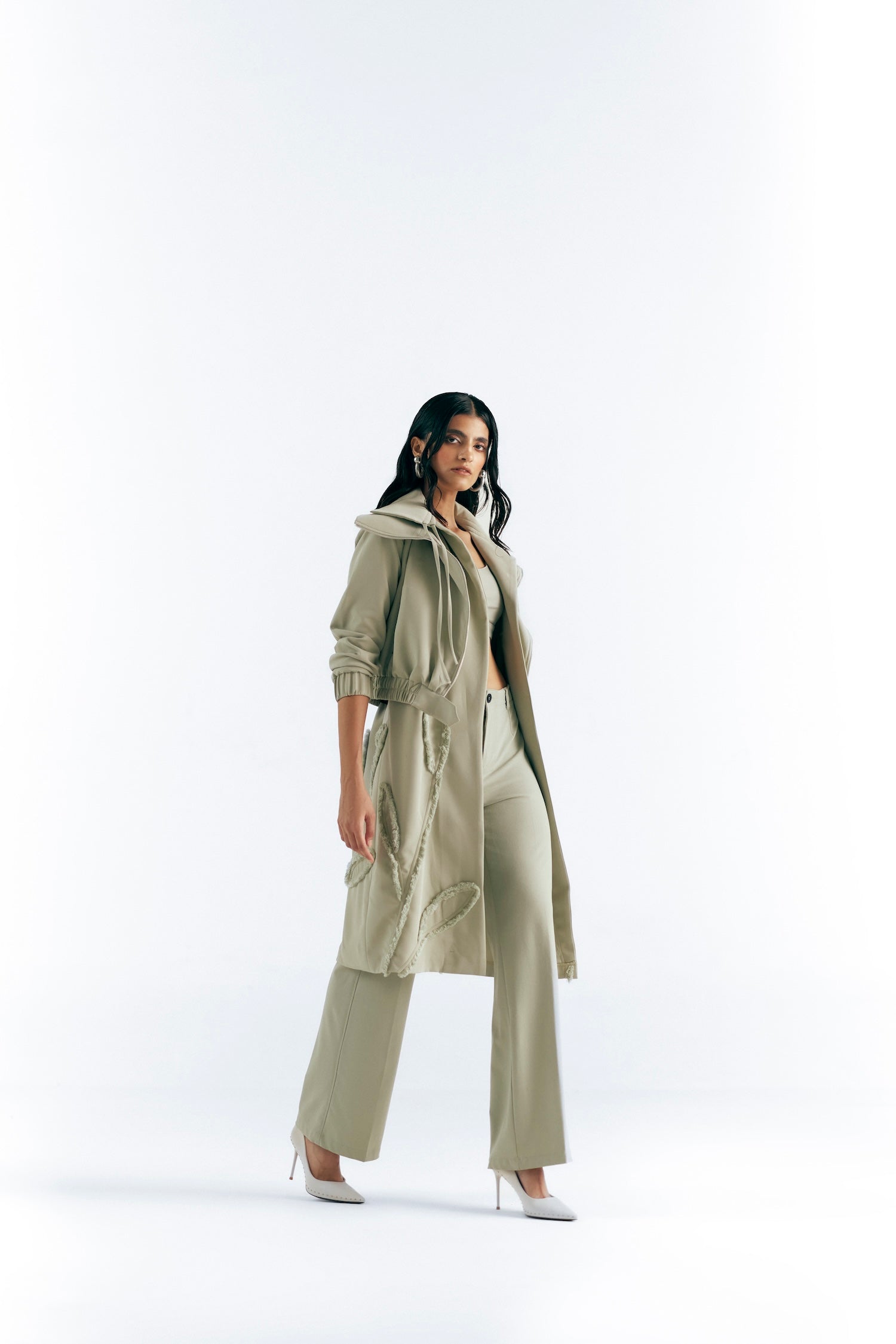 SAGE GREEN FLORAL APPLIQUÉ BOMBER TRENCH – Essé Design Studio