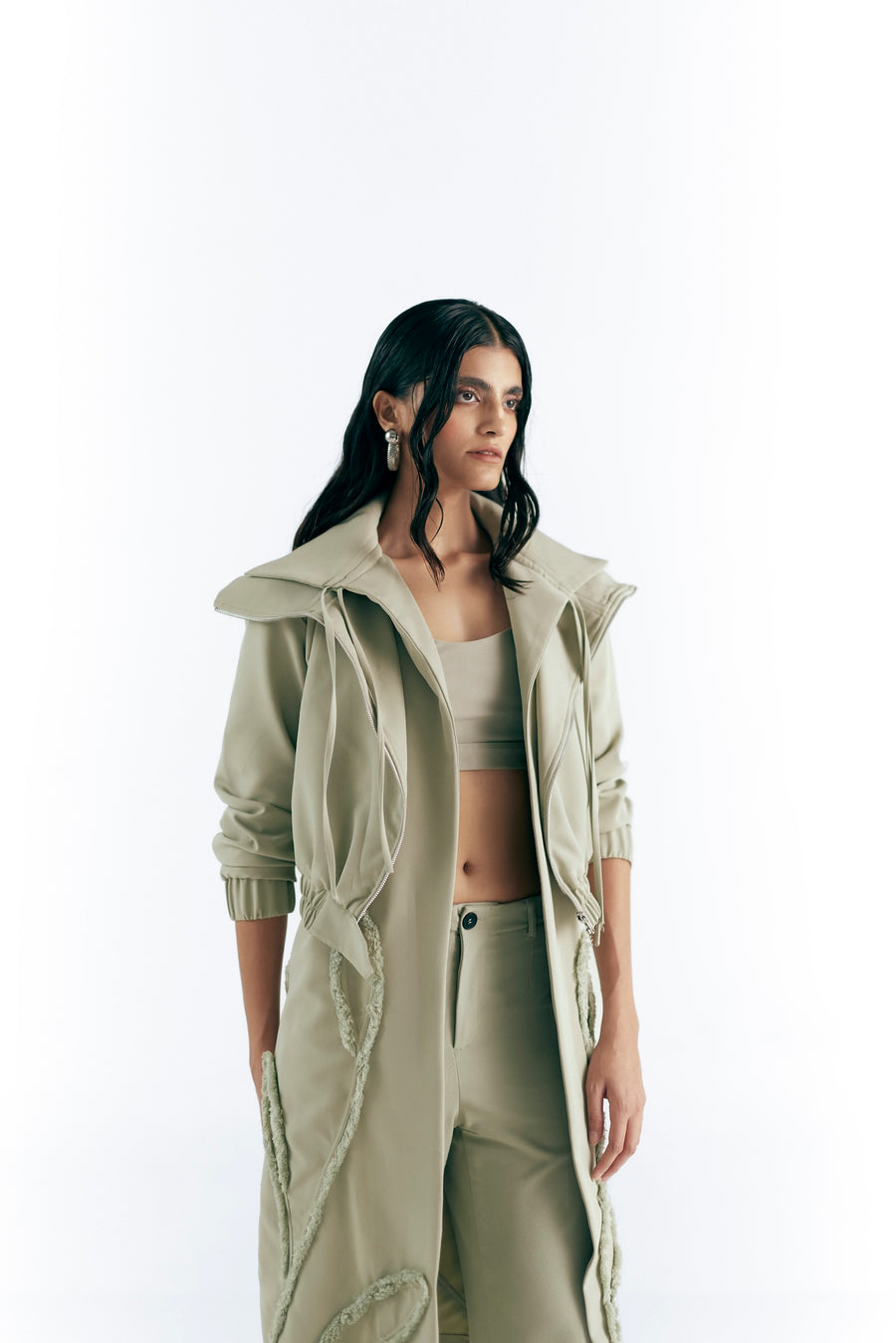 SAGE GREEN FLORAL APPLIQUÉ BOMBER TRENCH