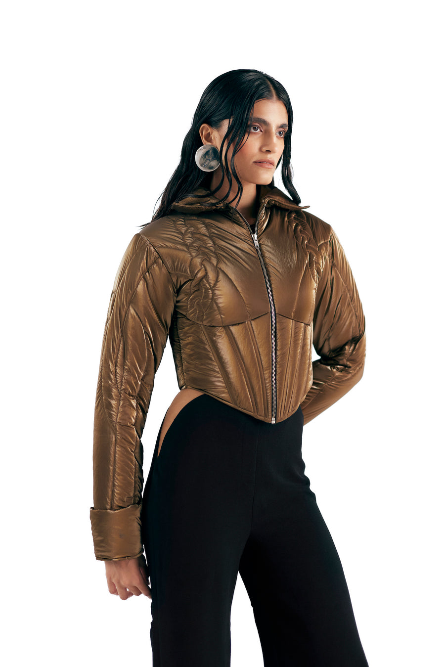 BRONZE KNIT QUILTED CORSET PUFFER JACKET