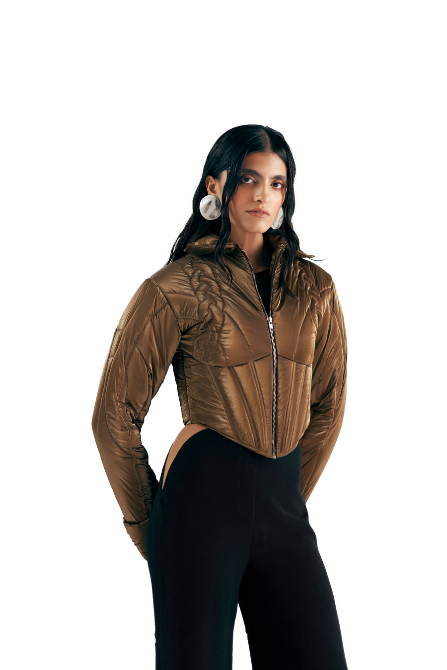 BRONZE KNIT QUILTED CORSET PUFFER JACKET