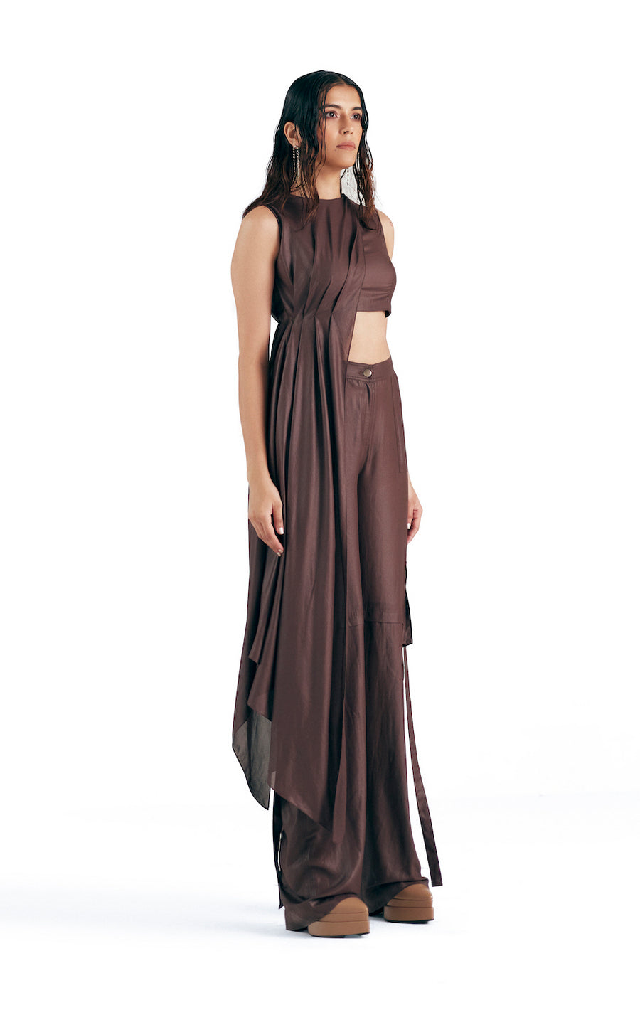 MAHOGANY LEATHER EFFECT CHIFFON CARGO TROUSERS