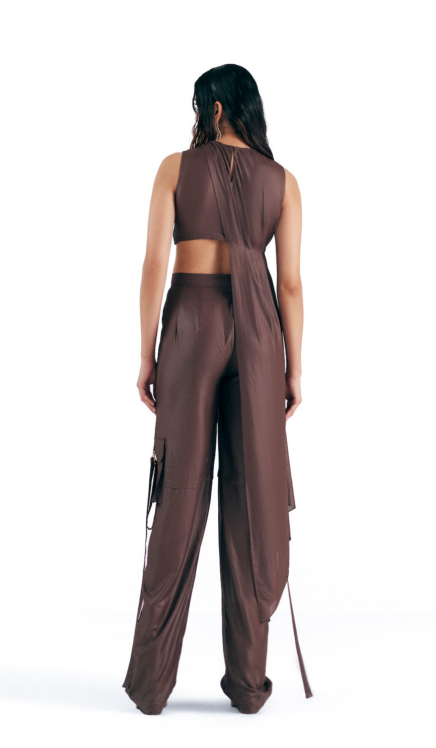 MAHOGANY LEATHER EFFECT CHIFFON CARGO TROUSERS