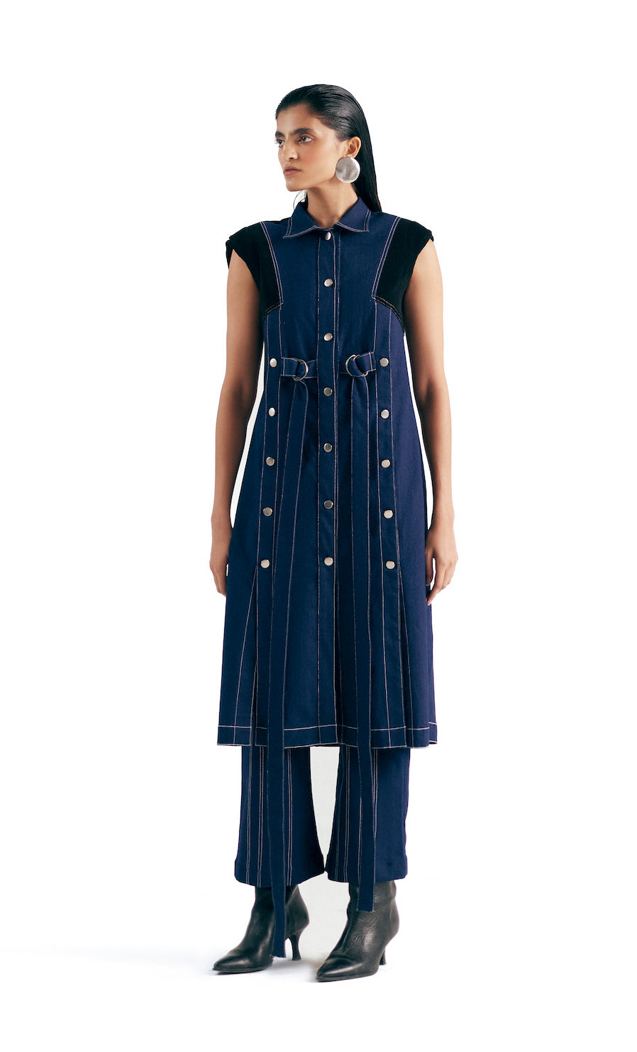 DENIM PANELLED SLEEVELESS TRENCH