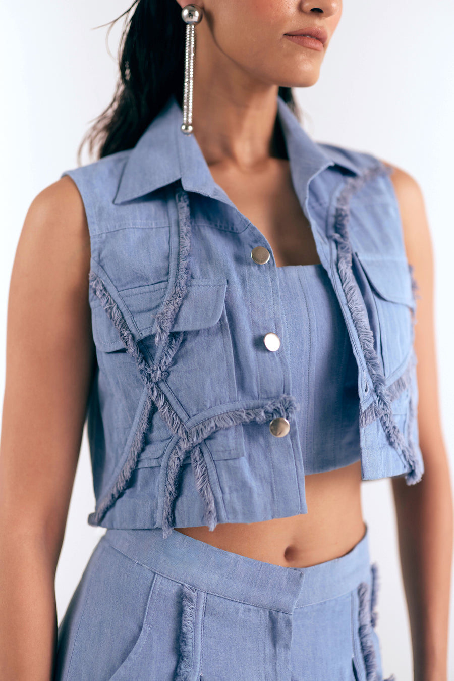 DENIM THREE PIECE FRAY ENSEMBLE