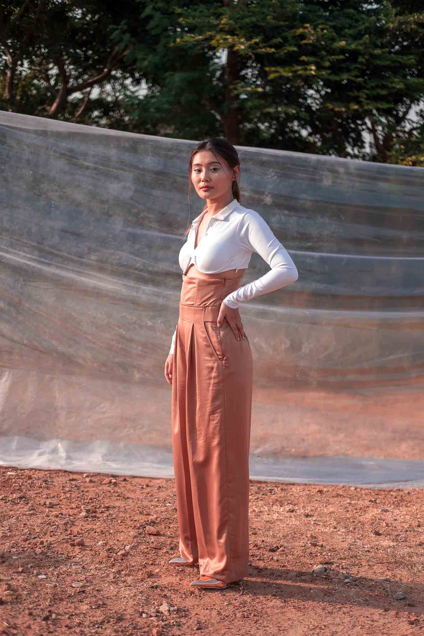 CAMEL HIGH WAISTED CORSET TROUSERS